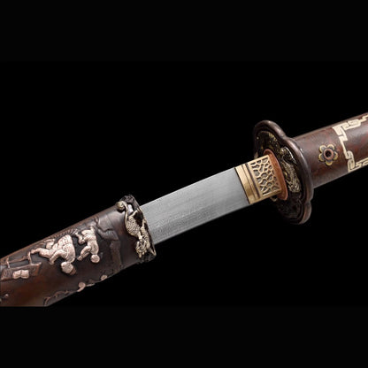 Victory Tachi with Real Hamon | Full Tang Dense Twist Ladder Damascus Steel Hand-Carved Gold Silver Gilded Copper Fittings 120cm