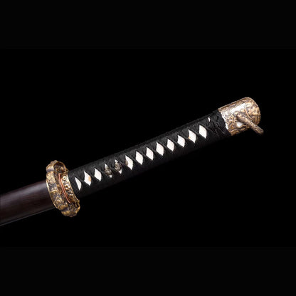 Chrysanthemum Nodachi with Real Hamon | Full Tang Clay Tempered Folded Pattern Steel Black Ebony Scabbard 100cm