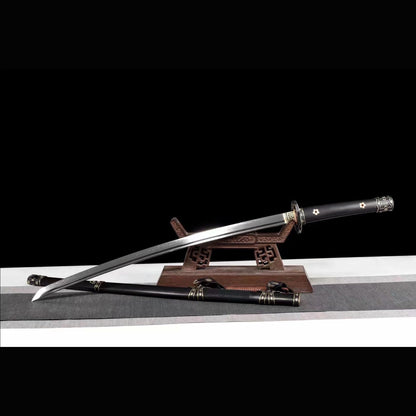 Antique Copper Tachi with Real Hamon | Full Tang Clay Tempered T10 Steel Premium Black Ebony Scabbard 102cm