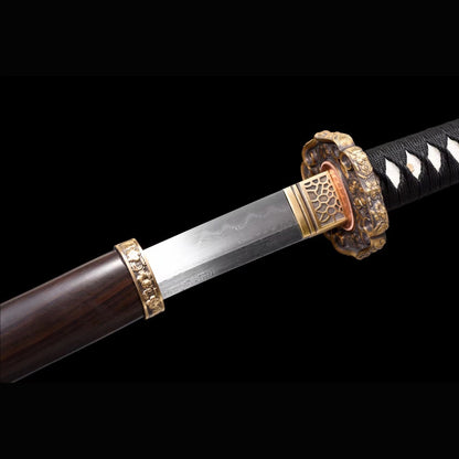 Chrysanthemum Nodachi with Real Hamon | Full Tang Clay Tempered Folded Pattern Steel Black Ebony Scabbard 100cm