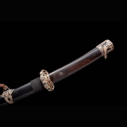 Chrysanthemum Tachi with Real Hamon | Full Tang Folded Damascus Steel Pure Copper Fittings Black Ebony Scabbard 100cm