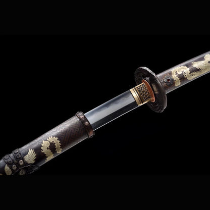 Imperial Auspicious Tachi with Real Hamon | Full Tang Folded Pattern Steel All-Copper Scabbard 103cm