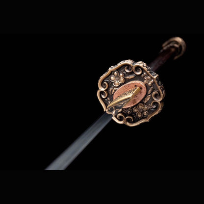 Chrysanthemum Tachi with Real Hamon | Full Tang Folded Damascus Steel Pure Copper Fittings Black Ebony Scabbard 100cm