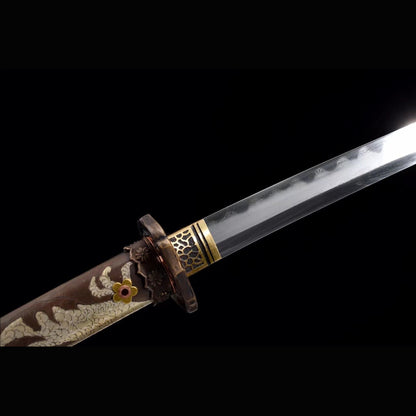 Jinchuan Tachi with Real Hamon | Full Tang Folded Damascus Steel Copper-Wrapped Wood Scabbard 103cm