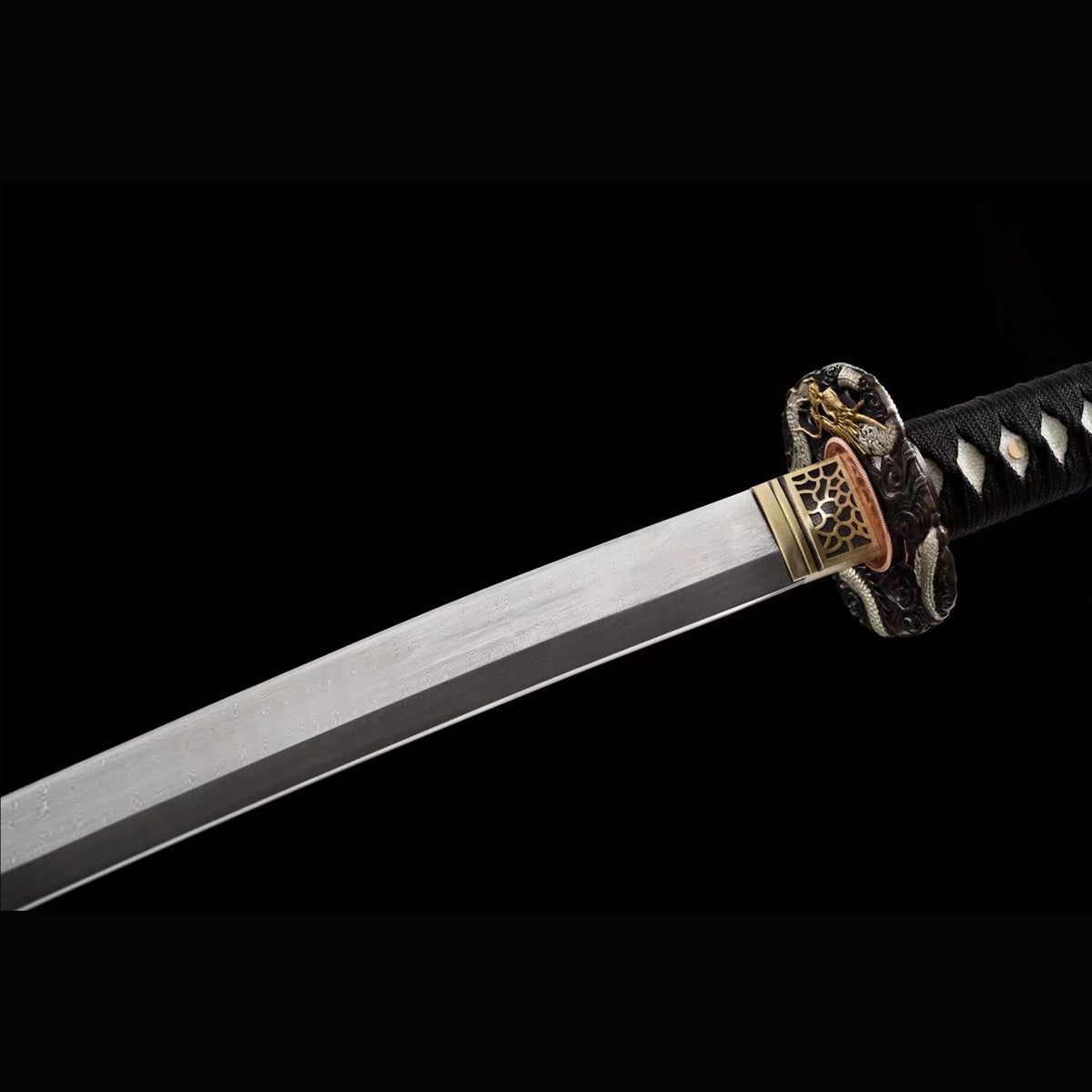 Dragon Plum Katana with Real Hamon | Full Tang Twist Damascus Steel Gold Silver Gilded Copper Fittings Lacquered Wood Scabbard 102cm