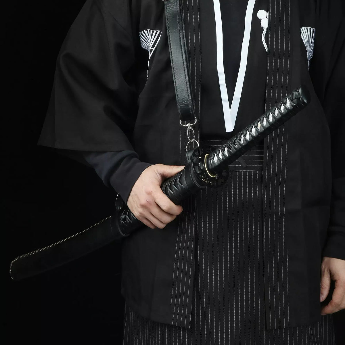 All Black Serrated Spine Katana · Full Tang 1090 Carbon Steel Black-Baked Blade Shoulder Strap Included