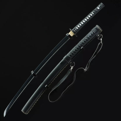 All Black Serrated Spine Katana · Full Tang 1090 Carbon Steel Black-Baked Blade Shoulder Strap Included