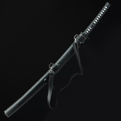 All Black Serrated Spine Katana · Full Tang 1090 Carbon Steel Black-Baked Blade Shoulder Strap Included