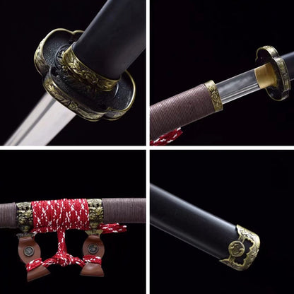 Auspicious Tachi with Real Hamon | Full Tang Clay Tempered T10 Steel Natural Black Ebony Scabbard 102cm