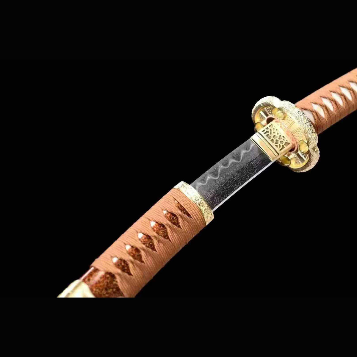 Golden Cloud Tachi with Real Hamon | Full Tang Folded Pattern Steel Pure Copper Mountings 103cm