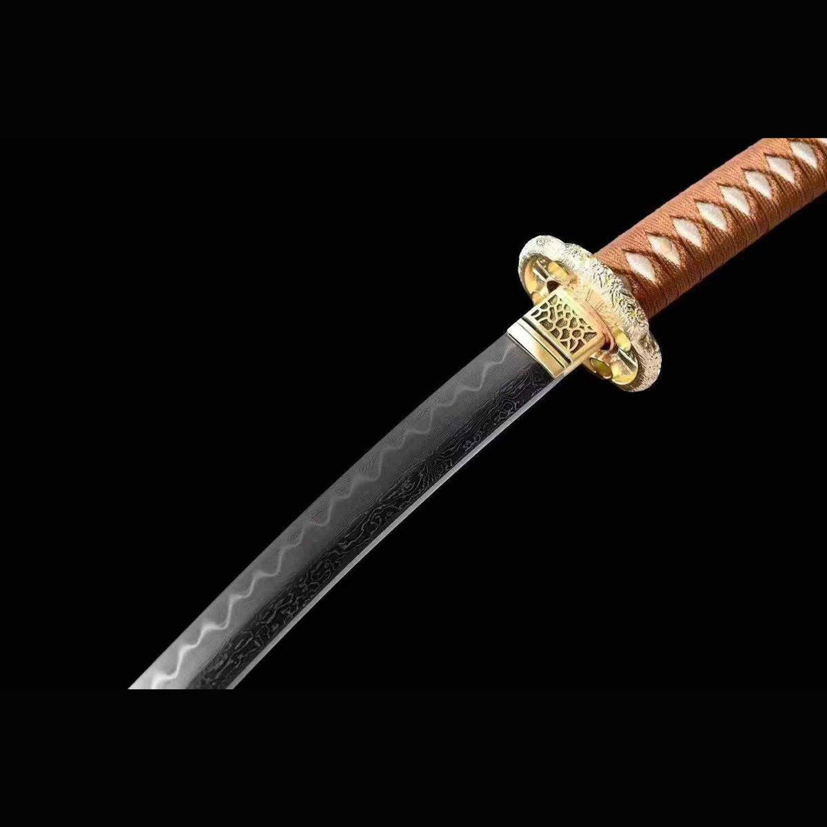 Golden Cloud Tachi with Real Hamon | Full Tang Folded Pattern Steel Pure Copper Mountings 103cm