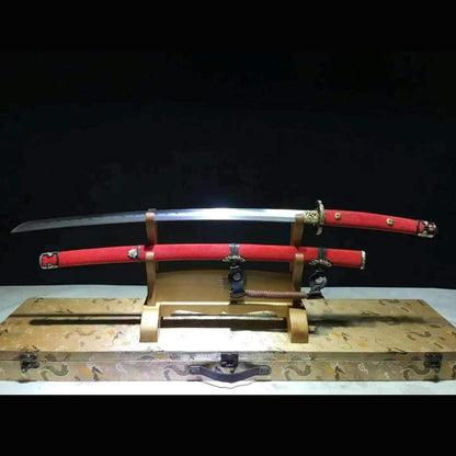 Golden Floral Wootz Steel Tachi with Real Hamon | Full Tang Red Pearl Rayskin Scabbard 102cm
