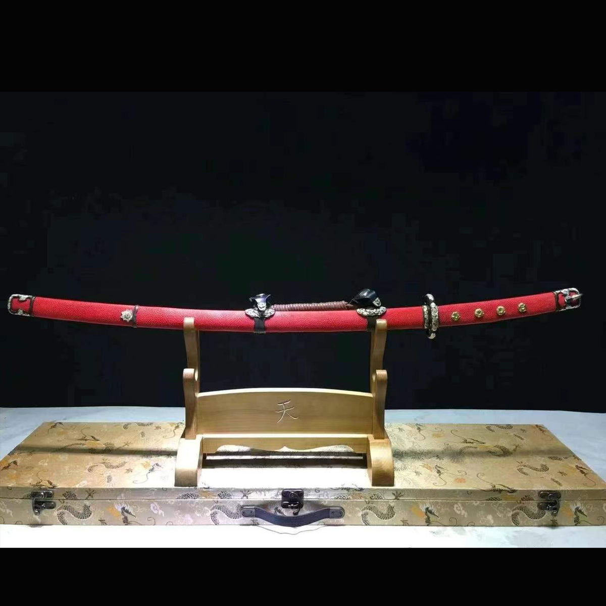Golden Floral Wootz Steel Tachi with Real Hamon | Full Tang Red Pearl Rayskin Scabbard 102cm