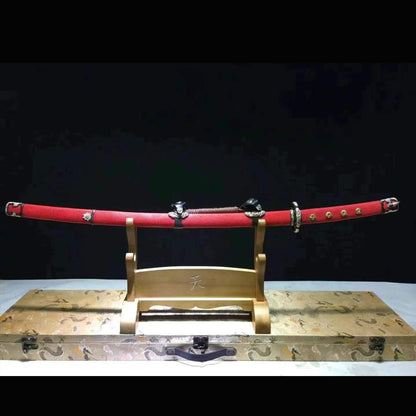 Golden Floral Wootz Steel Tachi with Real Hamon | Full Tang Red Pearl Rayskin Scabbard 102cm