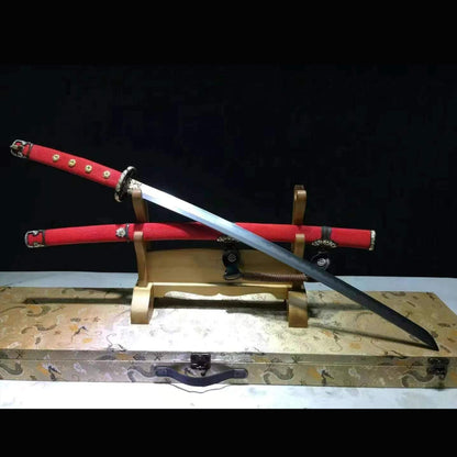 Golden Floral Wootz Steel Tachi with Real Hamon | Full Tang Red Pearl Rayskin Scabbard 102cm