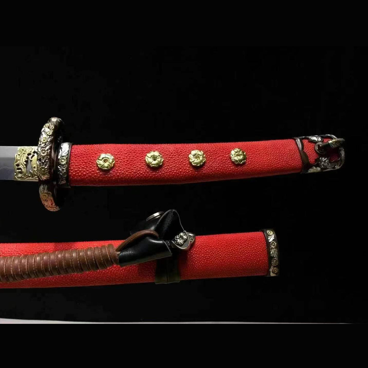 Golden Floral Wootz Steel Tachi with Real Hamon | Full Tang Red Pearl Rayskin Scabbard 102cm