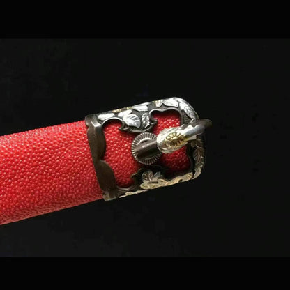 Golden Floral Wootz Steel Tachi with Real Hamon | Full Tang Red Pearl Rayskin Scabbard 102cm