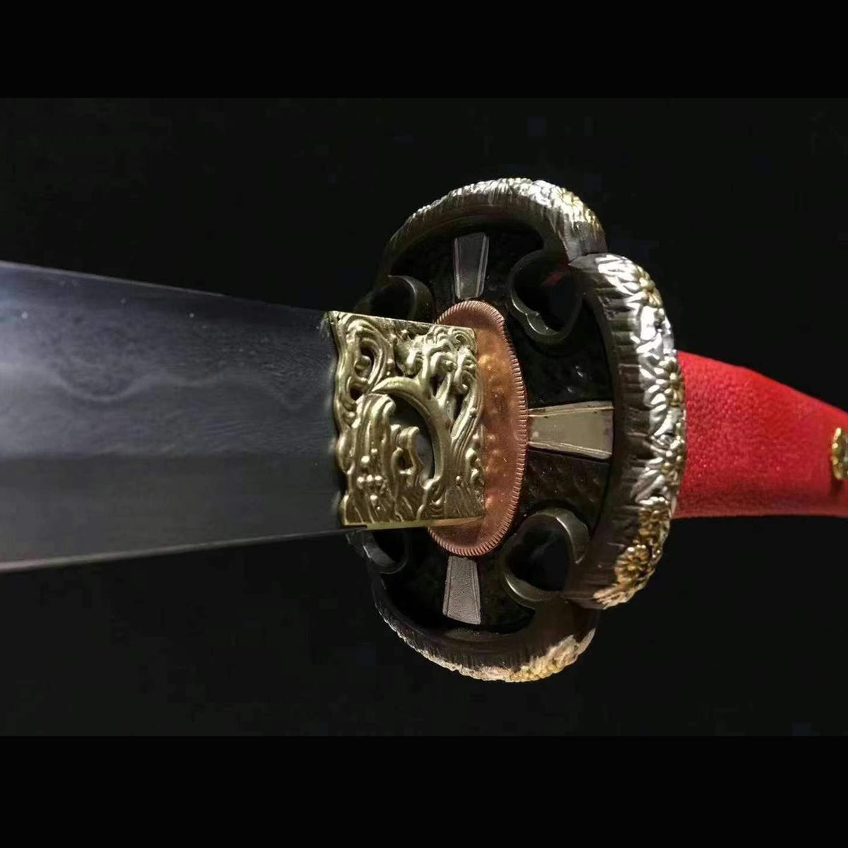 Golden Floral Wootz Steel Tachi with Real Hamon | Full Tang Red Pearl Rayskin Scabbard 102cm