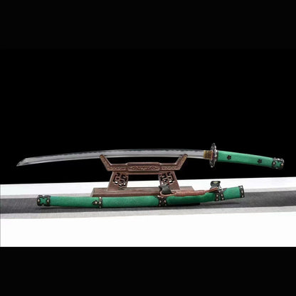 Green Pearl Rayskin Tachi with Real Hamon | Full Tang Feather Damascus Steel 103cm