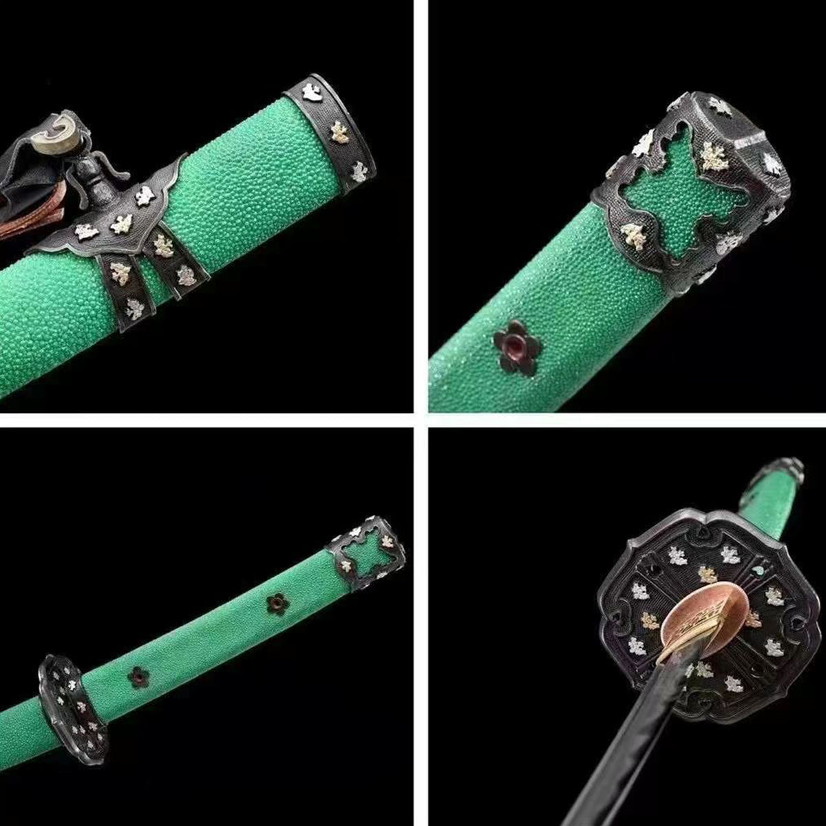 Green Pearl Rayskin Tachi with Real Hamon | Full Tang Feather Damascus Steel 103cm