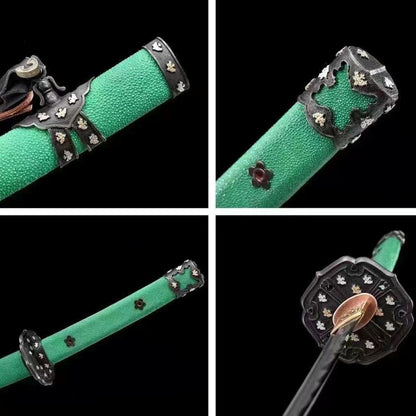 Green Pearl Rayskin Tachi with Real Hamon | Full Tang Feather Damascus Steel 103cm