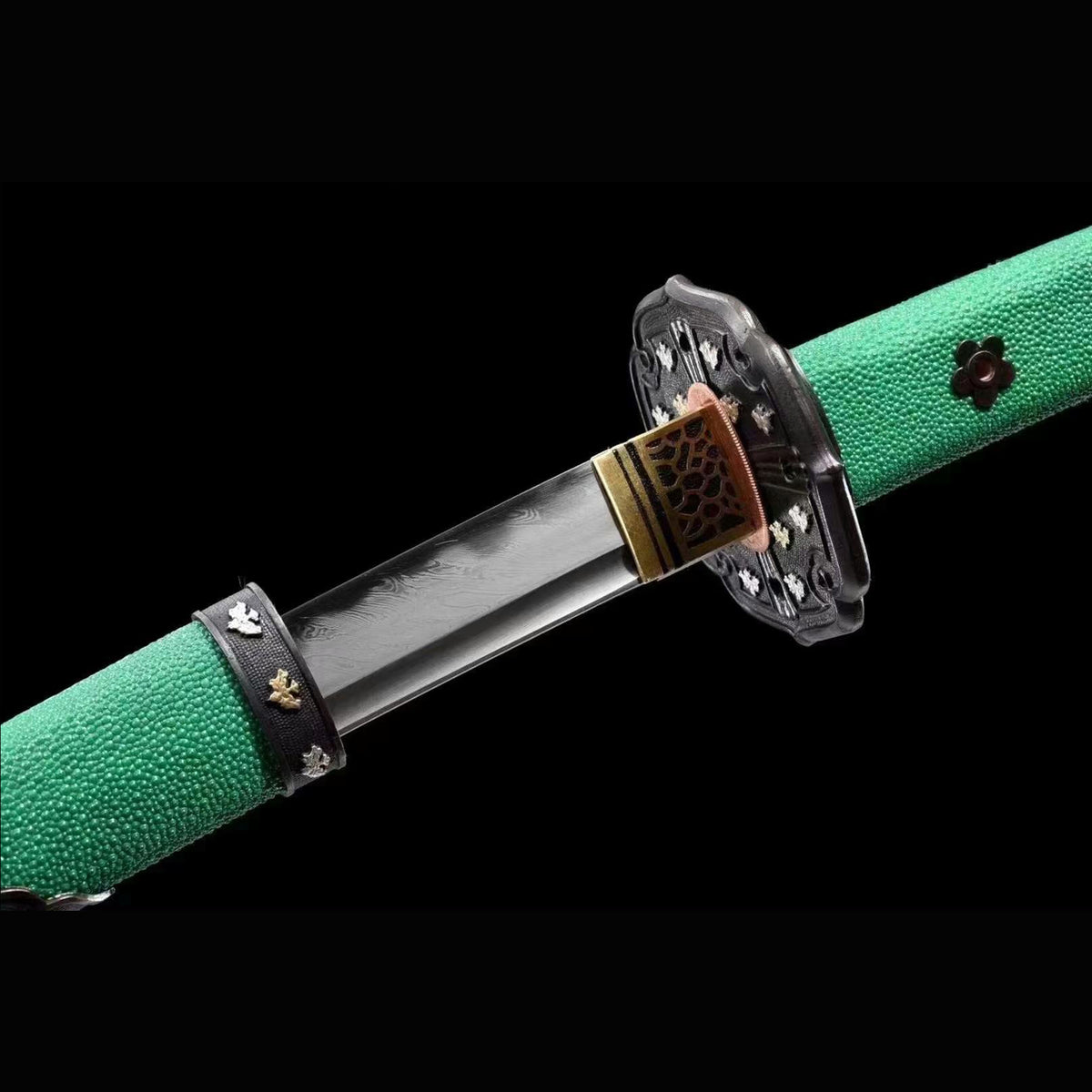 Green Pearl Rayskin Tachi with Real Hamon | Full Tang Feather Damascus Steel 103cm