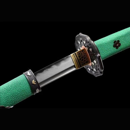 Green Pearl Rayskin Tachi with Real Hamon | Full Tang Feather Damascus Steel 103cm