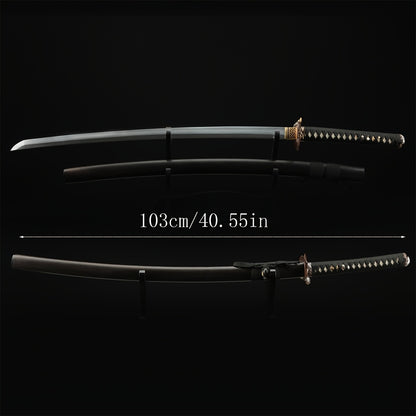 Hand-Polished Damascus Steel Katana –Fully Sharpened  Full Tang Collector Sword with Gold-Plated Lotus Tsuba