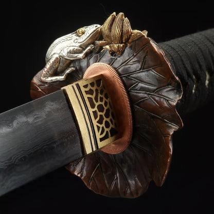 Hand-Polished Damascus Steel Katana –Fully Sharpened  Full Tang Collector Sword with Gold-Plated Lotus Tsuba