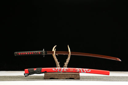 Patterned Steel Red Heat-Treated Blade with Red Lacquered Scabbard Featuring a Golden Dragon Design