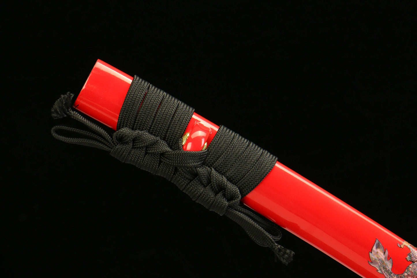 Patterned Steel Red Heat-Treated Blade with Red Lacquered Scabbard Featuring a Golden Dragon Design