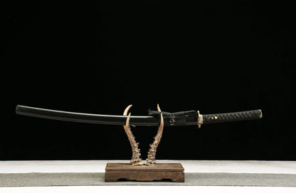 T10 Tool Steel Clay Tempered Katana with Brass Fittings and Black Lacquered Scabbard