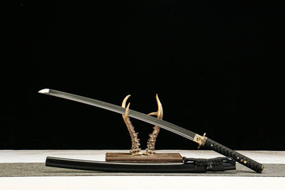 T10 Tool Steel Clay Tempered Katana with Brass Fittings and Black Lacquered Scabbard
