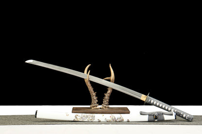 White Tiger's Roar - Handmade 1065 Steel Katana with Oil Quenched & Tempered Blade, Wooden Scabbard, Zinc Alloy Fittings - Unique Collector Sword