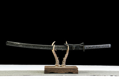 Demon Pattern Katana with Blackened Design and Black Lacquer Saya
