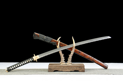Shadow Warrior Katana | 72cm Damascus Pattern Steel Blade with Handcrafted Stonewashed Finish, Oil Quenched & Tempered