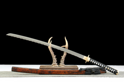 Shadow Warrior Katana | 72cm Damascus Pattern Steel Blade with Handcrafted Stonewashed Finish, Oil Quenched & Tempered