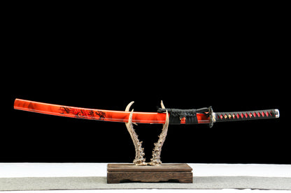 Hengmong Demon Katana with Vintage 1095 Carbon Steel Blade, Ebony Wood Saya, Oil Quenched and Tempered