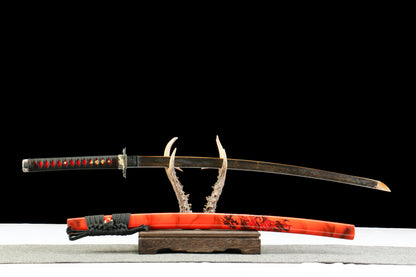 Hengmong Demon Katana with Vintage 1095 Carbon Steel Blade, Ebony Wood Saya, Oil Quenched and Tempered
