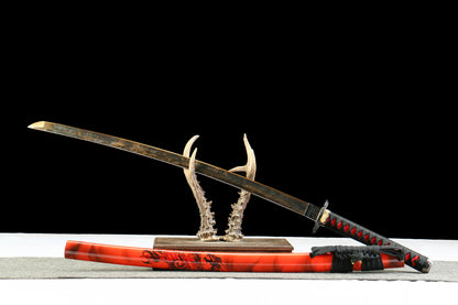Hengmong Demon Katana with Vintage 1095 Carbon Steel Blade, Ebony Wood Saya, Oil Quenched and Tempered