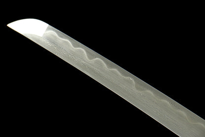 Damascus Pattern Steel Japanese Katana with Clay Tempered Blade and Green Tiger Saya