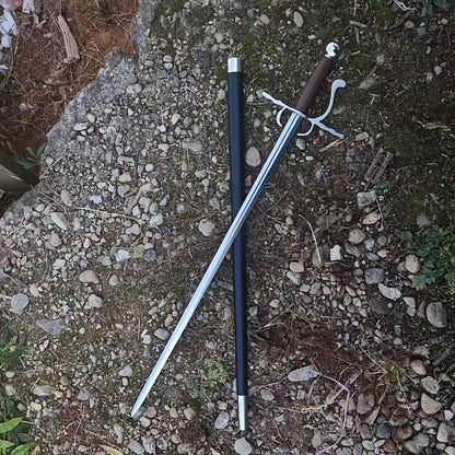 Lightning Knight Rapier | Handcrafted 1095 Carbon Steel Mirror-Polished Double-Edge Blade Swept Hilt Brown Wood Grip Unsharpened Display 102cm — Best European Rapier Under $140