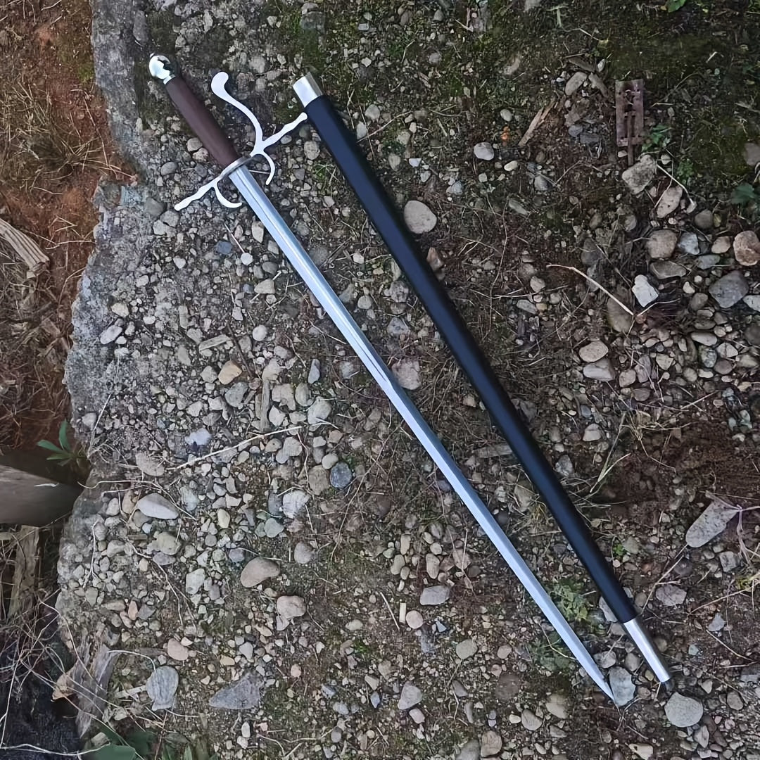 Lightning Knight Rapier | Handcrafted 1095 Carbon Steel Mirror-Polished Double-Edge Blade Swept Hilt Brown Wood Grip Unsharpened Display 102cm — Best European Rapier Under $140