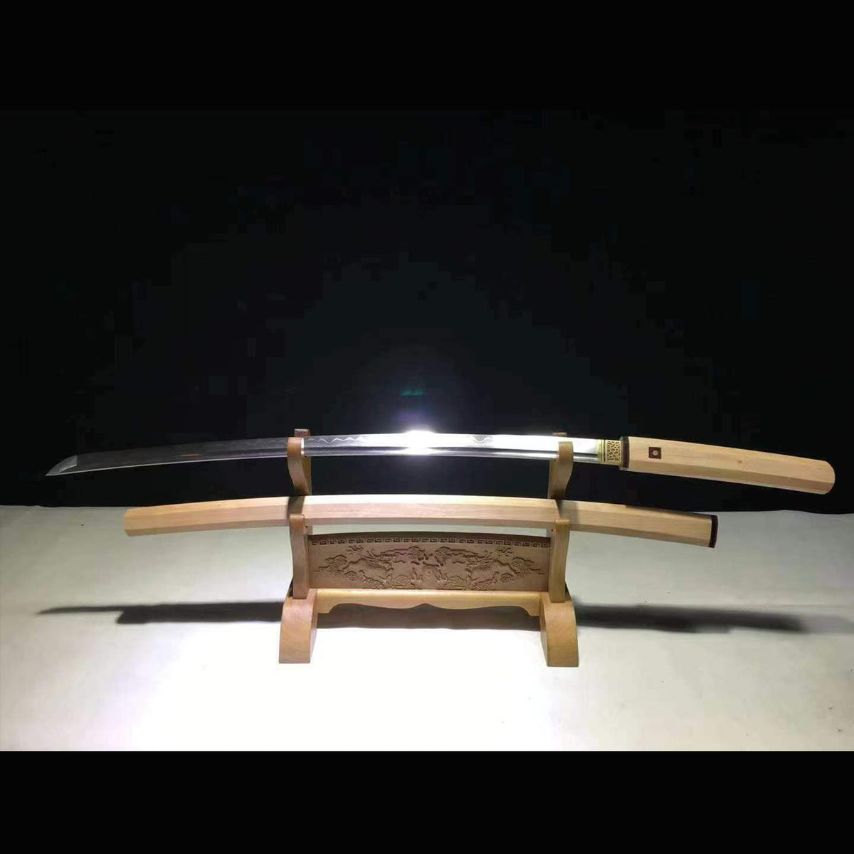 Natural Hardwood Octagonal Iaido Sword with Real Hamon | Full Tang Folded Pattern Steel 100cm