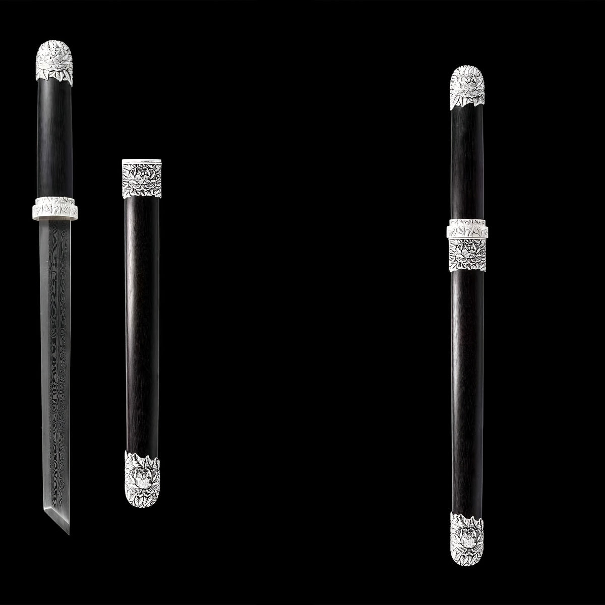 Peony Tang Short Sword · Damascus Steel Silver Peony Fittings Full Tang (21in)