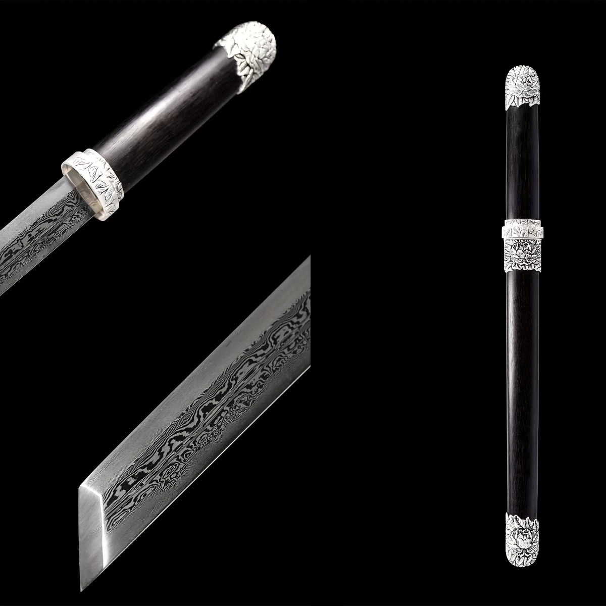 Peony Tang Short Sword · Damascus Steel Silver Peony Fittings Full Tang (21in)