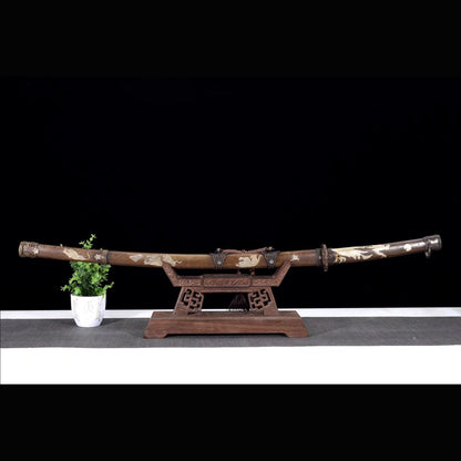 Roaring Tiger Ladder Damascus Tachi | Full Tang Twisted Pattern Steel Copper Gilt Scabbard 102cm