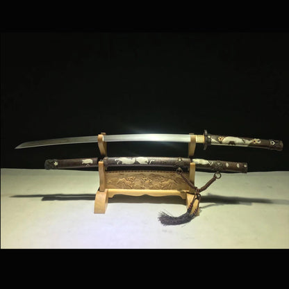 Roaring Tiger Ladder Damascus Tachi | Full Tang Twisted Pattern Steel Copper Gilt Scabbard 102cm