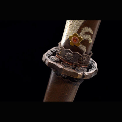 Roaring Tiger Ladder Damascus Tachi | Full Tang Twisted Pattern Steel Copper Gilt Scabbard 102cm