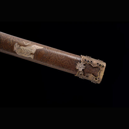 Roaring Tiger Ladder Damascus Tachi | Full Tang Twisted Pattern Steel Copper Gilt Scabbard 102cm
